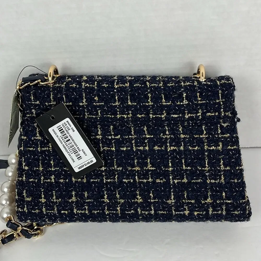 Badgley Mischka Purse Navy Blue Textured Messenger Bag Crossbody Gold Accents - Picture 10 of 11